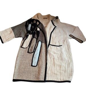 Zele Boho Oversized Cardigan L Beige Black Blue 100% Linen Lagenlook Patchwork